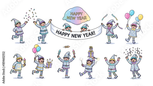 New Year Elves Celebration: A whimsical scene unfolds as cheerful elves, each embracing the festive spirit with joyful antics and playful props, all under a colorful banner. 