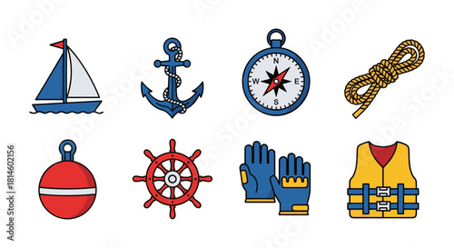 Nautical icons set featuring anchor, compass, sailboat, and life vest in flat style
