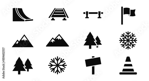 Winter sports and recreation icons in black and white silhouette style