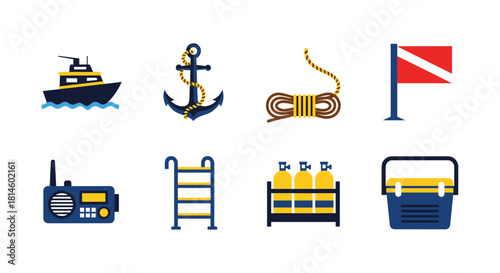 Essential nautical icons in flat design for marine adventures and diving activities