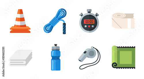 Fitness equipment set with jump rope, stopwatch, whistle, and more in flat design