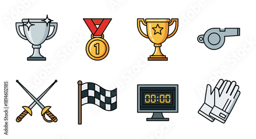 Sports awards and equipment icons: trophy, medal, whistle, fencing, racing, timer, gloves