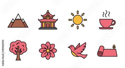 Colorful line art icons featuring nature, architecture, and relaxation themes