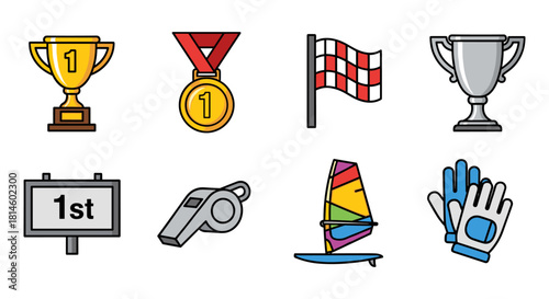 Colorful sports icons: trophies, medals, and equipment in bold outline style