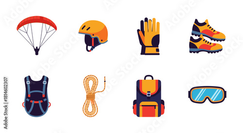 Set of paragliding equipment icons featuring helmet, gloves, and backpack in flat style