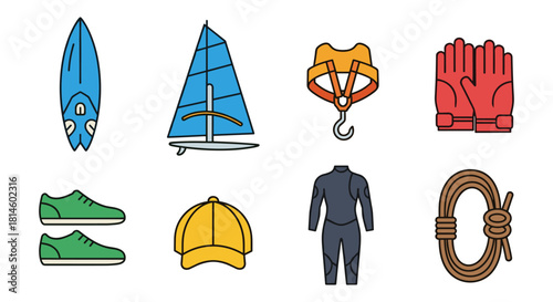 Colorful outdoor adventure gear icons including surfboard, sailboat, and climbing equipment