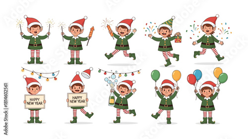 Whimsical Elf Collection: A vibrant compilation of charming elves in a festive array of poses, exuding joy and holiday cheer against a plain backdrop. Each elf is dressed in iconic attire.