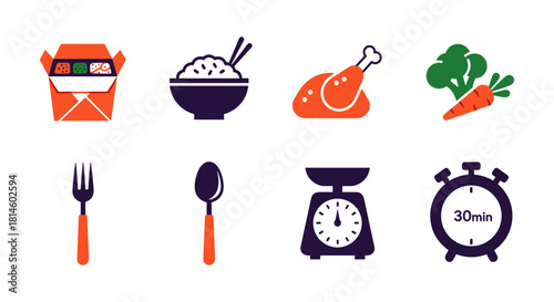 Colorful minimalist food icons set: takeout, cooking, timing, and healthy eating symbols