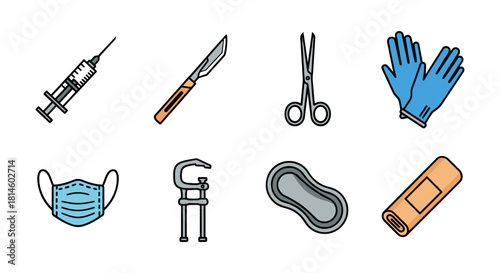 Stylized linear icons of surgical tools and healthcare items on white background