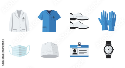Medical uniforms and accessories collection in flat style