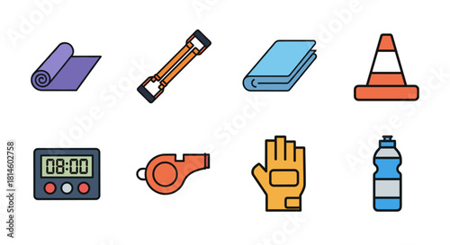 Fitness and sports equipment icons set in modern colorful style