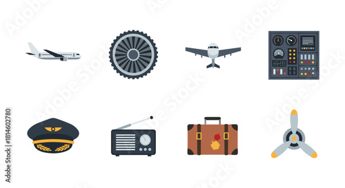 Aviation icons set: airplane, pilot cap, luggage, radio, propeller, dashboard