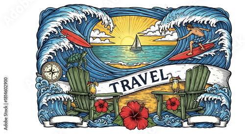 Vero florida beach vintage style illustration with surfer and wave incredible T-Shirt Design vectors