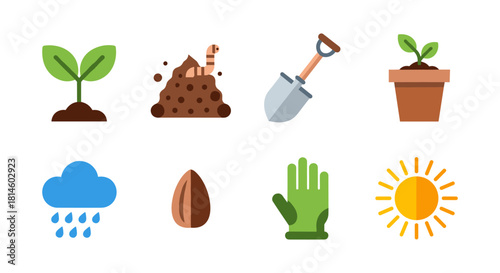 Gardening essentials icons set featuring plants, tools, and weather elements