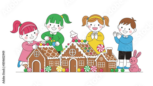 Sweet Creations: A quartet of cheerful children collaborate in constructing a whimsical gingerbread house adorned with colorful candies, radiating festive cheer and creative fun.