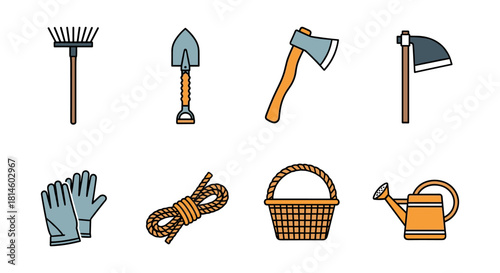 Colorful gardening tools set with hand drawn style for outdoor enthusiasts