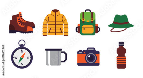 Camping gear essentials: flat icons of outdoor equipment for adventure seekers