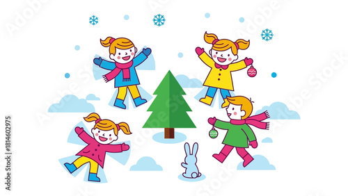 Winter Wonderland Playtime: Playful children gather around a decorated tree to craft cheerful memories. The season of snowy delights.