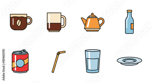 Colorful flat icons of beverages and drinkware collection