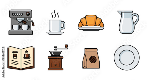 Coffee shop essentials: linear icons of coffee, cups, and breakfast delights