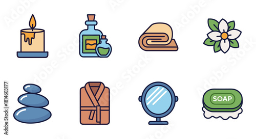 Spa essentials icons: relaxing candle, aromatic oils, fluffy towel, tranquil zen stones, cozy robe