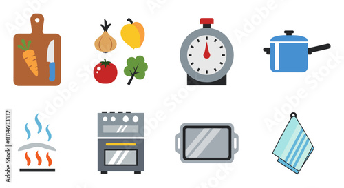 Colorful kitchen essentials illustrations featuring cutlery, vegetables, and cookware