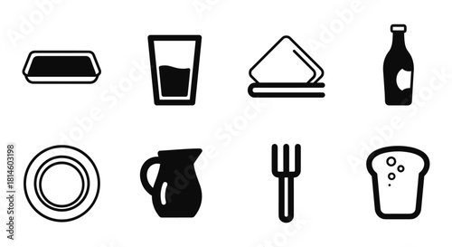 Simple black silhouette icons of kitchen items and tableware