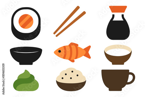 Japanese cuisine icons: sushi, soy sauce, chopsticks, and more in flat design