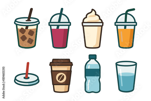 Colorful beverage icons set featuring coffee juice and water