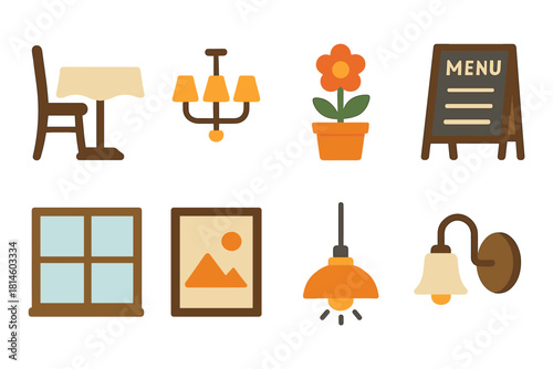 Cozy cafe elements collection featuring furniture, lighting and decor in flat design