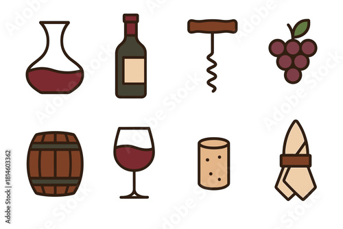 Wine icons set featuring flat glass, bottle, corkscrew, grapes, and barrel