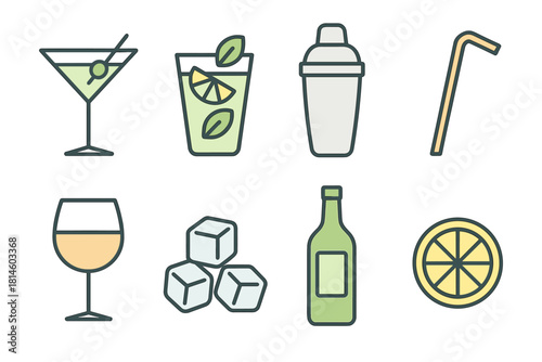 Colorful linear icons of cocktails, glasses, and bar accessories