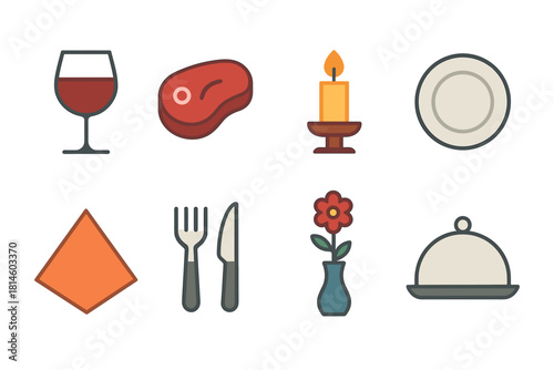 Stylish dining icons featuring wine, steak, candle, and tableware in flat design
