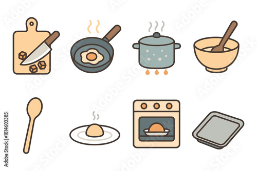 Cooking icons set: simple cartoon kitchen utensils for culinary projects