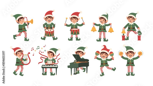Elf Musicians Playing Holiday Music: A charming group of elf musicians brings holiday joy with a variety of instruments, their cheerful performance filling the air with festive melodies.