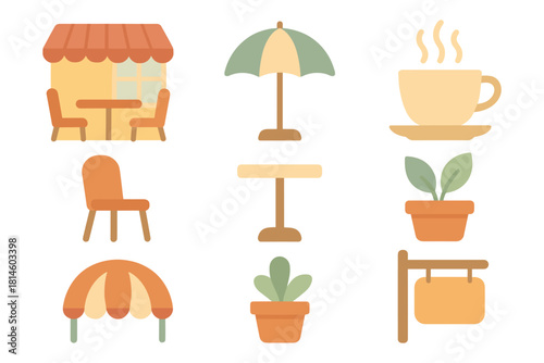 Cozy cafe elements in soft pastels featuring furniture and decor
