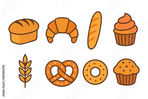 Flat design bakery icons featuring bread, pastries, and baked goods
