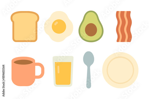 Breakfast food icons: toast, egg, avocado, bacon, coffee, juice, spoon