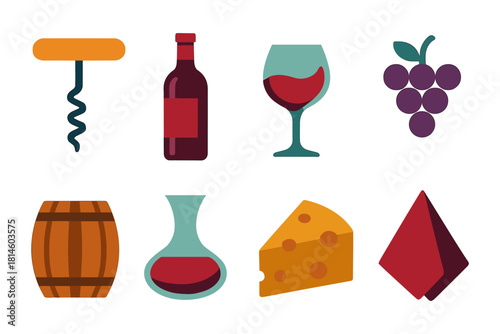 Wine tasting essentials with cheese, corkscrew, and barrel in flat design