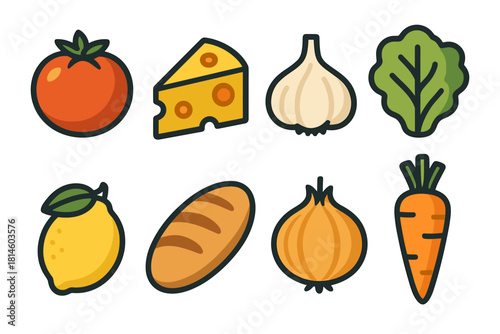 Fresh food icons set with tomato, cheese, and vegetables in modern flat style