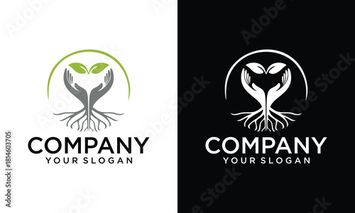 Abstract natural seeds growth logo design, Eco seeds leaf with hand vector logo design 