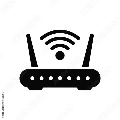 Black router icon with wireless signal illustration, isolated on a white background