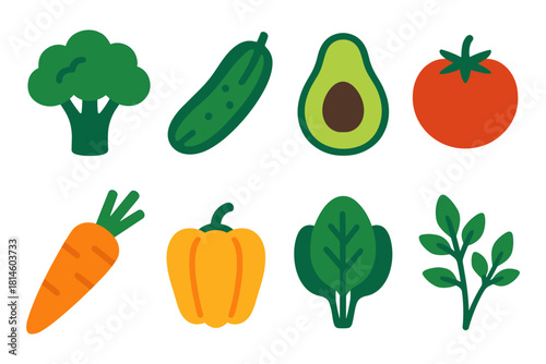 Colorful flat style vegetables set: avocado, broccoli, tomato, and more