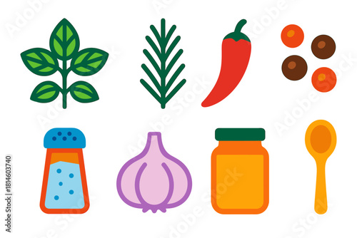 Colorful flat style food elements featuring herbs, spices, and pantry items for culinary designs