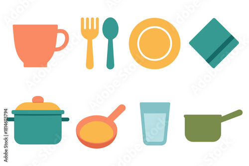 Colorful kitchen utensils and tableware in minimalistic flat design