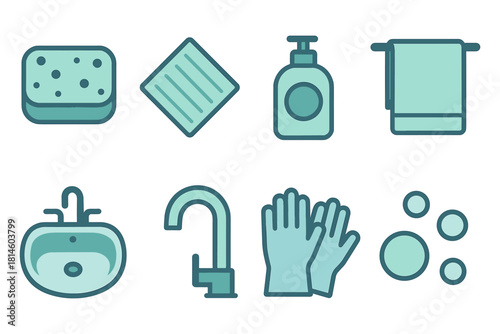 Bathroom cleaning essentials line art: sponge, towel, soap, sink, faucet, gloves, bubbles