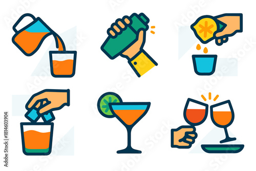 Colorful cocktail icons: mixing, pouring, toasting in bold outline style