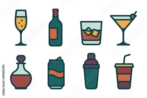 Colorful flat icons of various drinkware and beverages