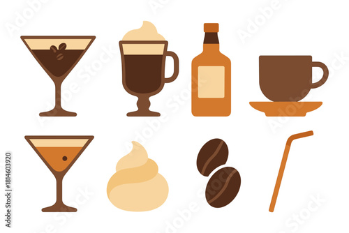Coffee and cocktails: a flat collection of drinks and ingredients