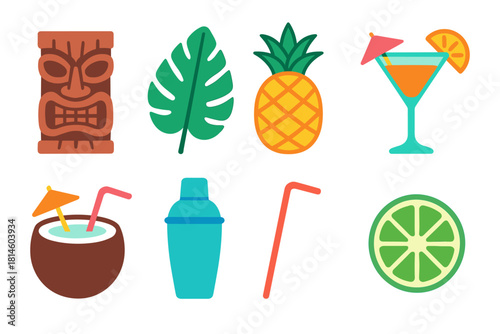 Colorful tropical icons: tiki, cocktails, and fruits for summer vibes